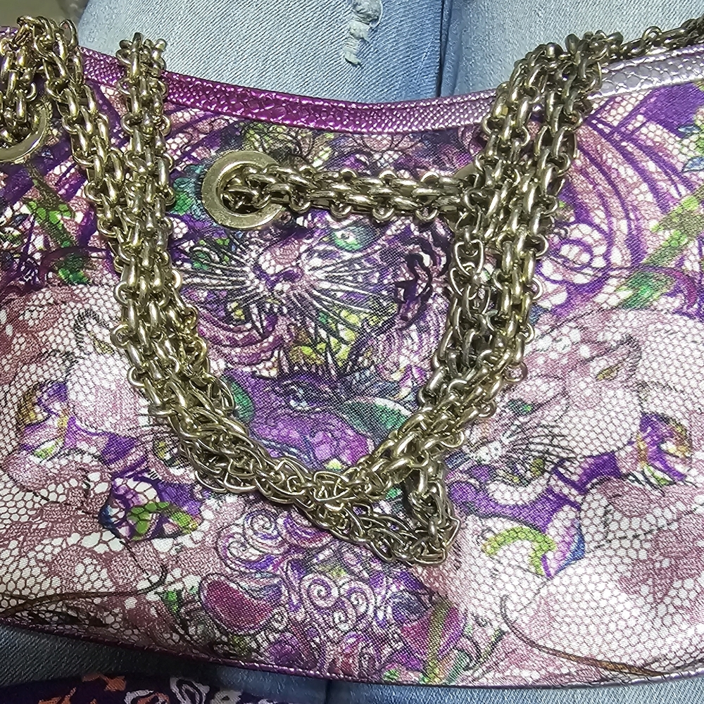 Ed Hardy Purple satin handbag with chain handles and Oriental Floral Print - Picture 6 of 6